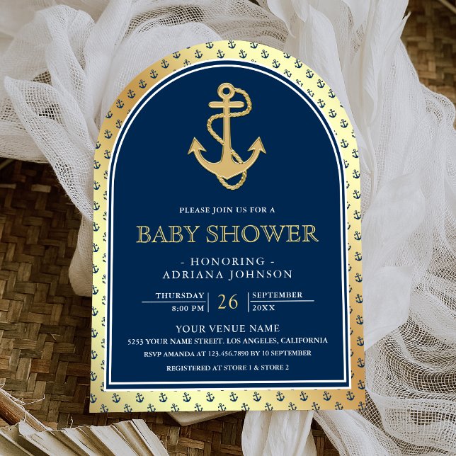 Nautical Navy Blue Gold Anker Arch Baby Dusche Einladung (Von Creator hochgeladen)