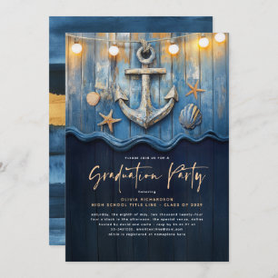 Nautical Navy Blue & Gold Anker Graduation Party Einladung