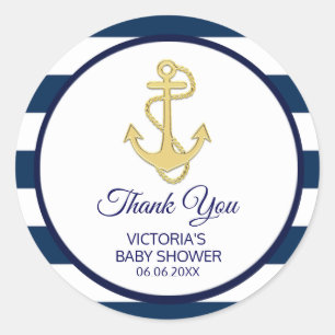 Nautical Navy Blue Gold Stripes Kinderdusche Runder Aufkleber