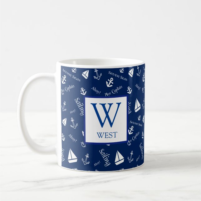 Nautical Navy Blue Initial Coffee Tasse (Links)