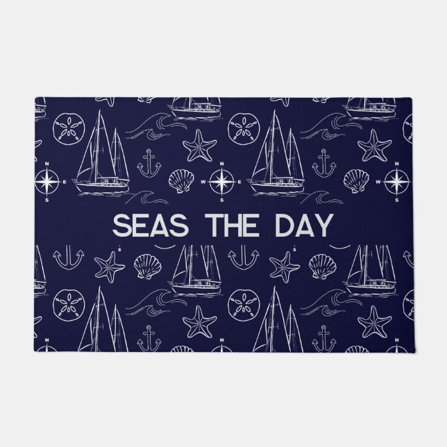 Nautical Navy Blue Sailboat Pattern Fußmatte (Vorderseite)