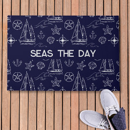 Nautical Navy Blue Sailboat Pattern Name  Fußmatte