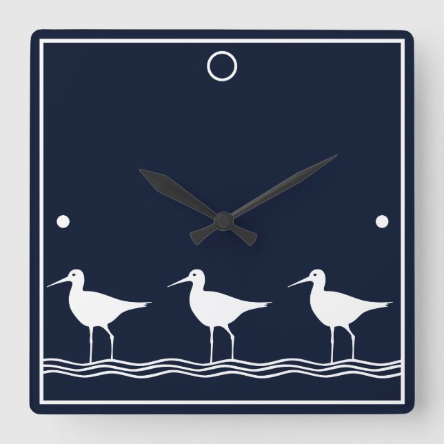 Nautical Navy Blue Sandpipers Shore Bird Quadratische Wanduhr (Vorderseite)
