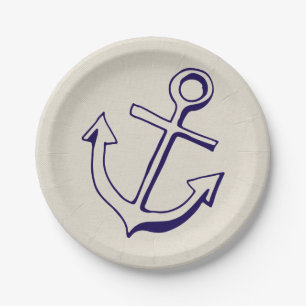 Nautical Navy Blue Ship Anchor Tan Wedding Pappteller