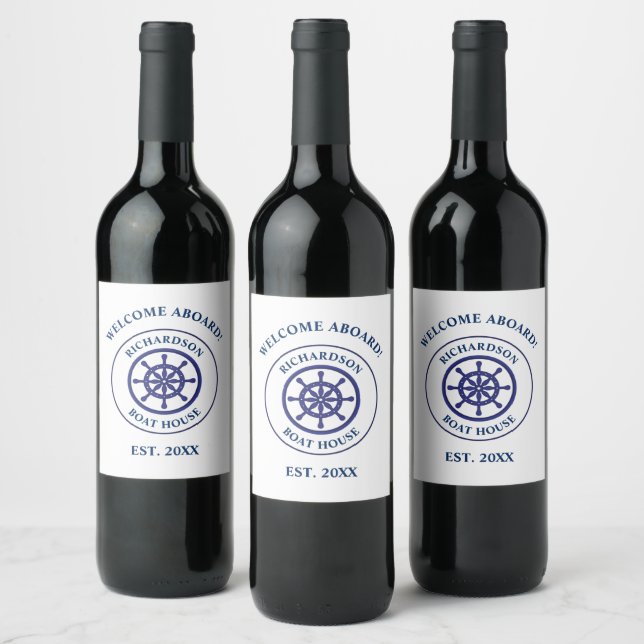 Nautical Navy Blue Ship Whep Name Sailing Weinetikett (Flaschen)