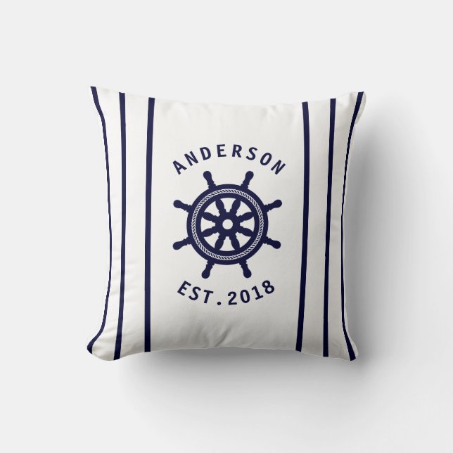 Nautical Navy Blue Ships Wheel Personalisiert Kissen (Vorderseite)