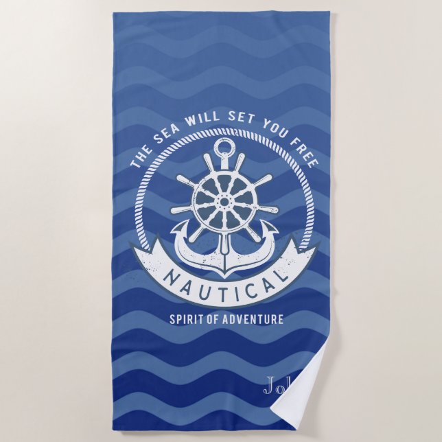 Nautical Navy Blue Stripe Waves Boat Wheel Strandtuch (Vorderseite)