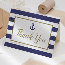 Nautical Navy Blue Stripes Anchor Gold Script Dankeskarte