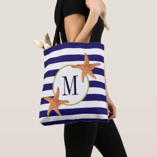Nautical Navy Blue Strips Starfish Monogram Beach