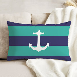 Nautical Navy Blue Turquoise Stripes White Anchor Dekokissen