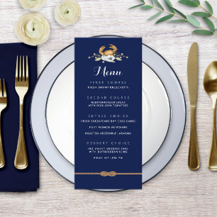 🦀 Nautical Navy Blue & White Coastal Wedding Menu Menükarte