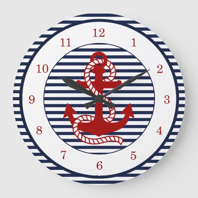 Nautical Navy Blue White Stripes and Red Anchor Große Wanduhr (Vorderseite)