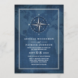 Nautical Navy Blue & White Vintag Compass Wedding Einladung