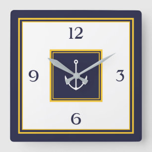 Nautical Navy Blue Yellow Anchor Square Wall Clock Quadratische Wanduhr