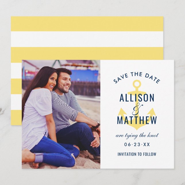 Nautical Navy Blue Yellow Anchor Wedding Foto Save The Date (Vorne/Hinten)