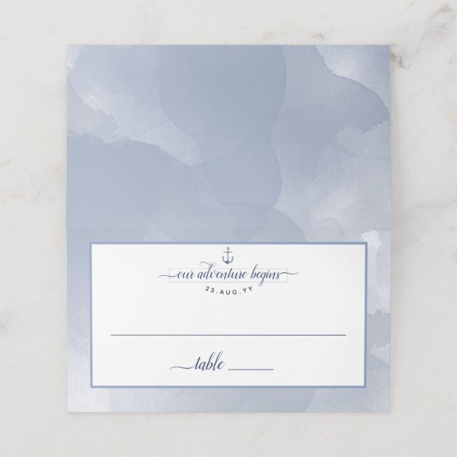 #Nautical Navy Dusty Blue Watercolor Event Hochzei Platzkarte (Außenseite Aufgefaltet)