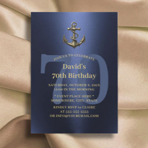 Nautical Navy & Gold Old Anchor 70. Geburtstag Einladung