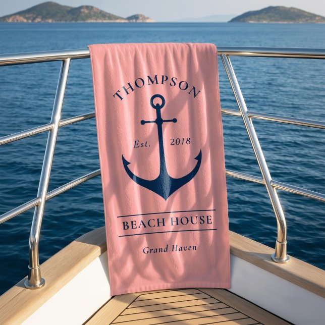 Nautical Navy Pink Anchor Custom Vacacation Zuhaus Strandtuch (Von Creator hochgeladen)