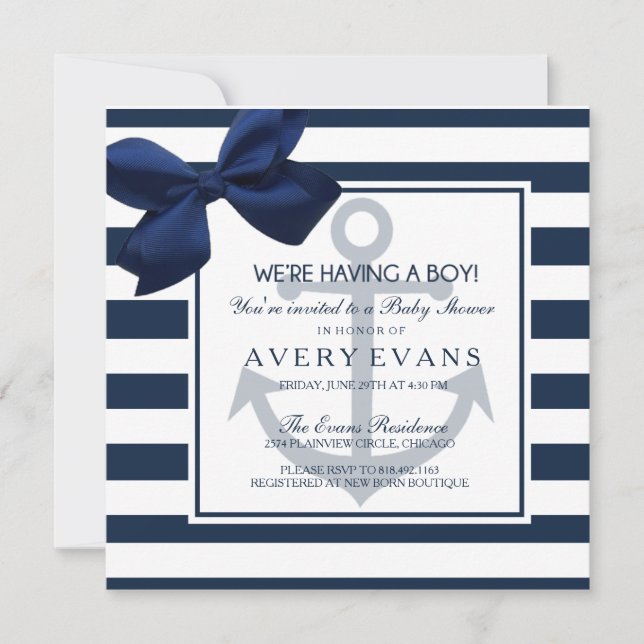 Nautical Navy Ribbon Anker Es ist eine Baby-Dusche Einladung (Vorderseite)