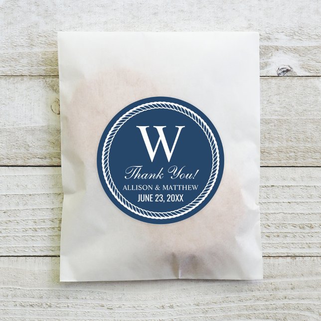 Nautical Navy Rope Wedding Monogram Vielen Dank Runder Aufkleber (Von Creator hochgeladen)