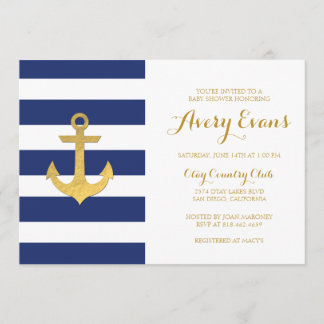 Nautical Navy Stripe Babydusche mit Goldene Ankerv Einladung
