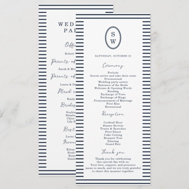 Nautical Navy Stripe Classic Wedding Program Card Einladung (Vorne/Hinten)