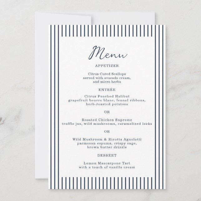 Nautical Navy Stripe Monogram Wedding Menu Card Einladung (Vorderseite)