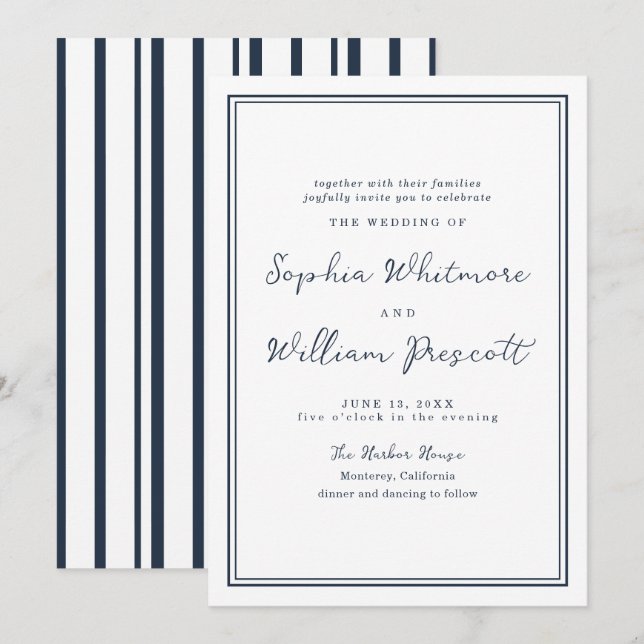 Nautical Navy Stripe Wedding Invitation Einladung (Vorne/Hinten)