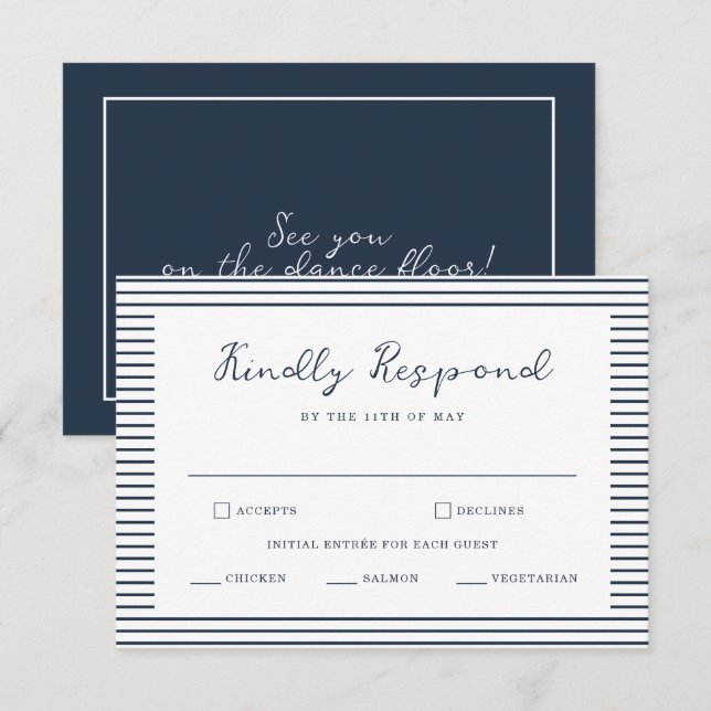 Nautical Navy Stripe Wedding RSVP Card Begleitkarte (Vorne/Hinten)