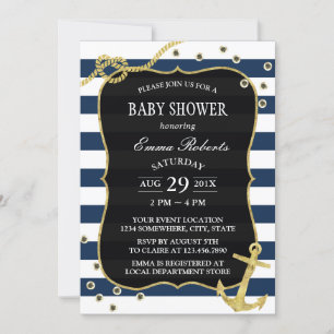Nautical Navy Stripes Gold Anker Baby Dusche Einladung