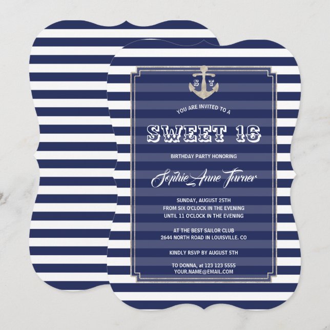 Nautical Navy Stripes Silver Sweet 16 Party Einladung (Vorne/Hinten)