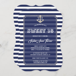 Nautical Navy Stripes Silver Sweet 16 Party Einladung
