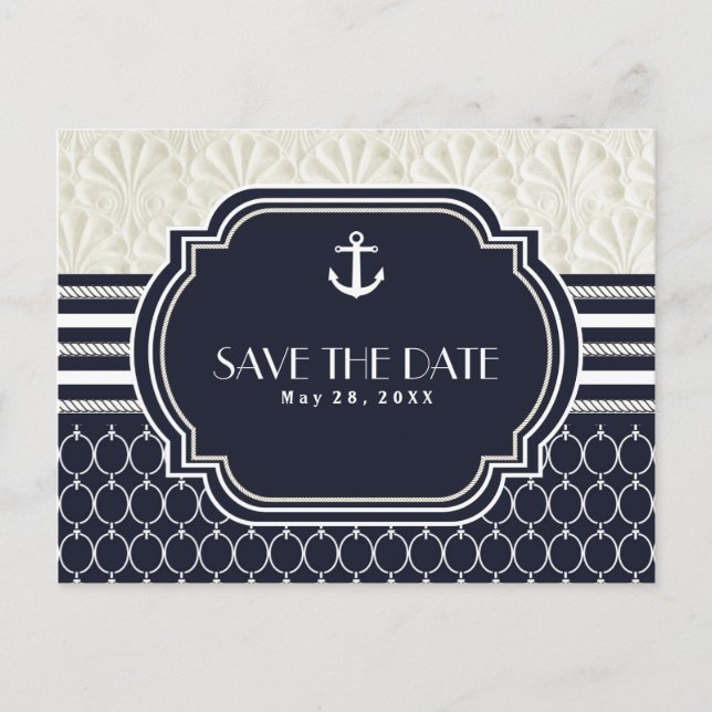 Nautical Navy & White Beach Hochzeit Save the Date Ankündigungspostkarte (Vorderseite)