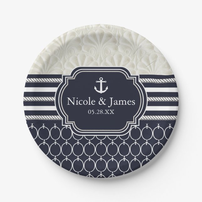 Nautical Navy & White Elegant Beach Hochzeit Pappteller (Vorderseite)