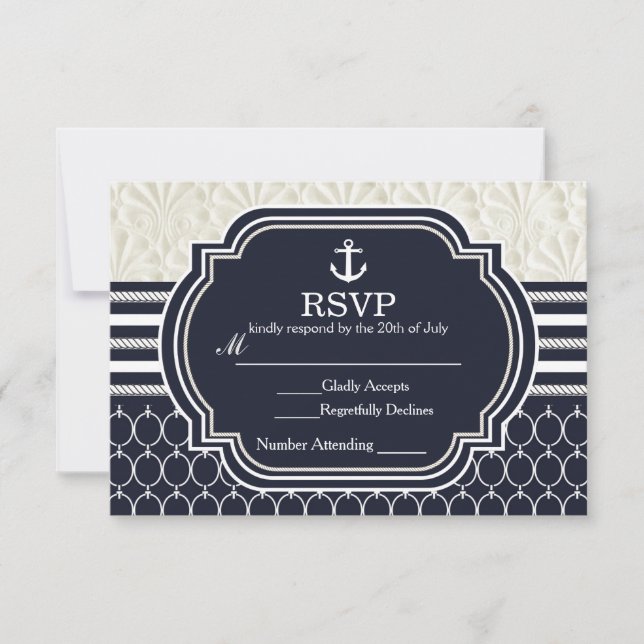Nautical Navy & White Elegant Beach Hochzeit RSVP Karte (Vorderseite)