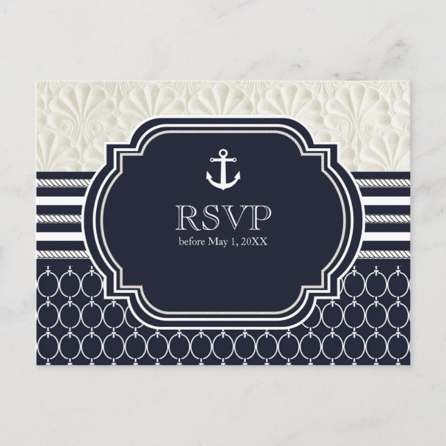 Nautical Navy & White Elegant Beach Wedding UAWG Einladungspostkarte (Vorderseite)