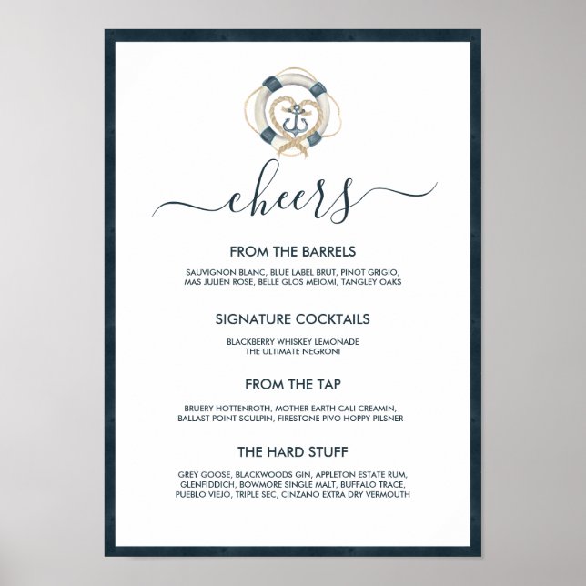 Nautical Navy & White Wedding Bar Menu Poster (Vorne)