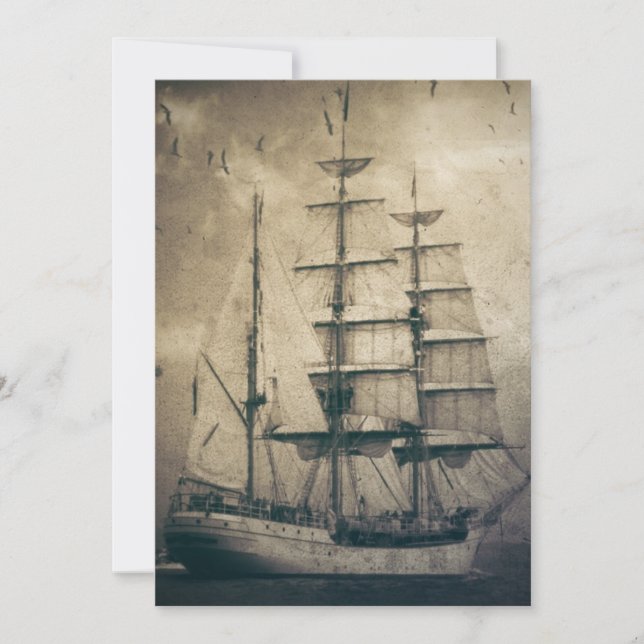 Nautical Ocean Vintag Segelboot Einladung (Vorderseite)