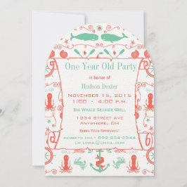 Nautical One Year Old Birthday Korallen Minze Einladung