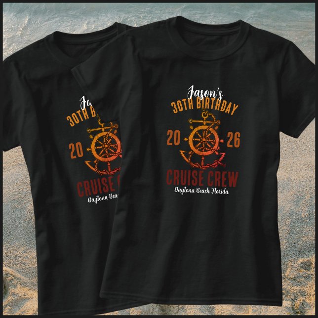 Nautical Orange & Black 30th Birthday Cruise Crew T-Shirt (Von Creator hochgeladen)