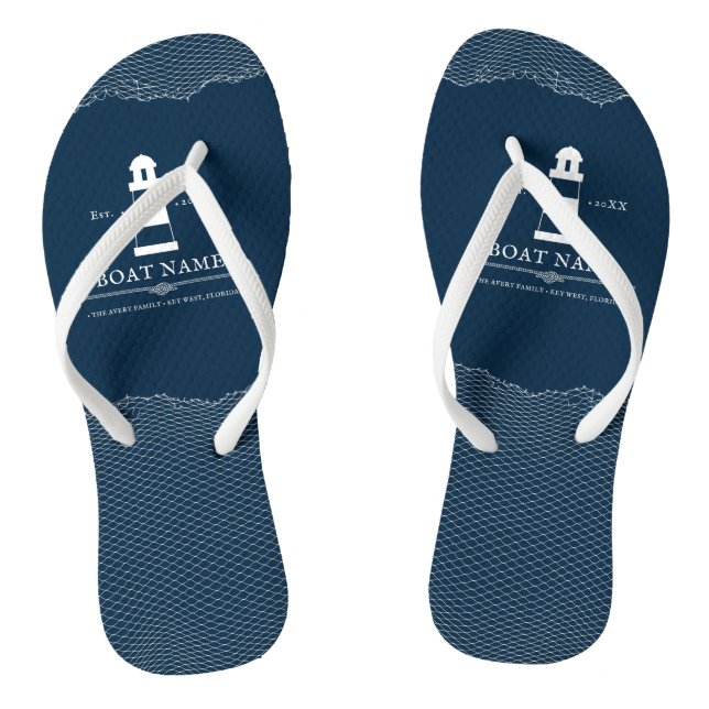 Nautical Personalisiert Navy Blue Leuchtturm Flip Flops (Fußbett)