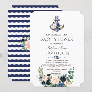 Nautical Pink Blush Blue Floral Anchor Baby Dusche Einladung