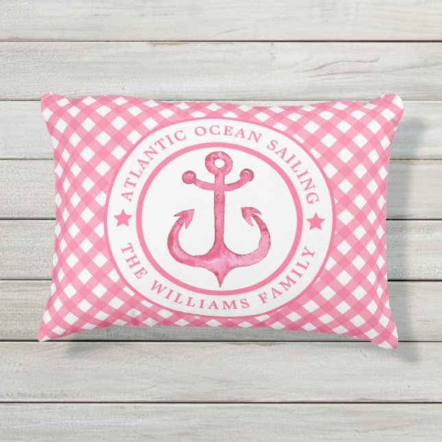 Nautical Pink Gingham Personalisiertes Kissen im F (Rückseite)