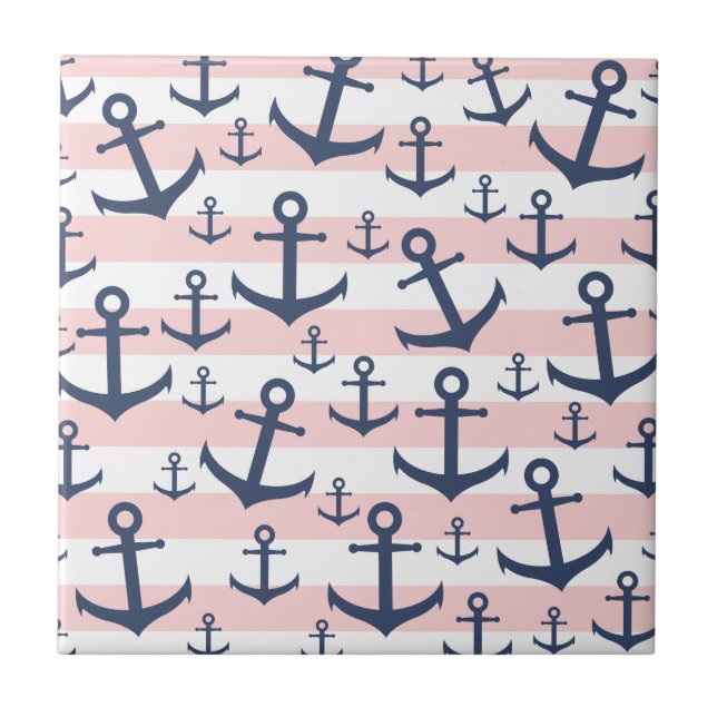 Nautical Pink Stripe blaues Ankermuster Fliese (Vorderseite)