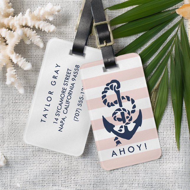 Nautical Pink Stripe Navy Anchor Personalisiert Gepäckanhänger (Von Creator hochgeladen)