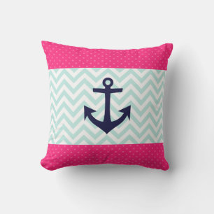 Nautical Pink White Minze Zickzack Ankermuster Kissen