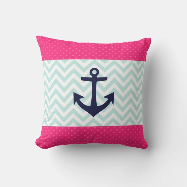 Nautical Pink White Minze Zickzack Ankermuster Kissen (Vorderseite)