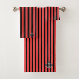 Nautical Red Black Stripe Anchor Badhandtuch Set