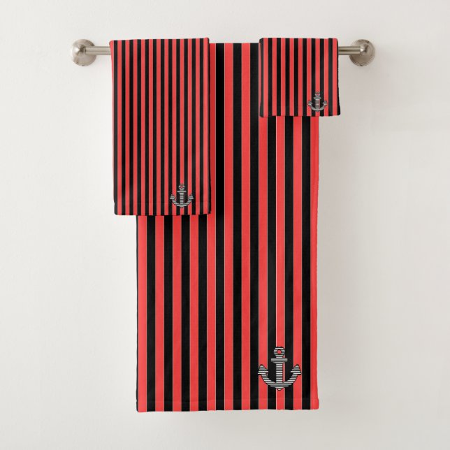 Nautical Red Black Stripe Anchor Badhandtuch Set (Insitu)