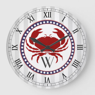 Nautical red crab and grey stripes monogram große wanduhr